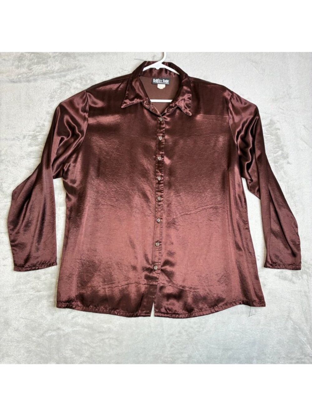 Street Code Women's Brown Satin Button Up Shirt Long Sleeve Blouse Size 2X USA - Picture 3 of 8